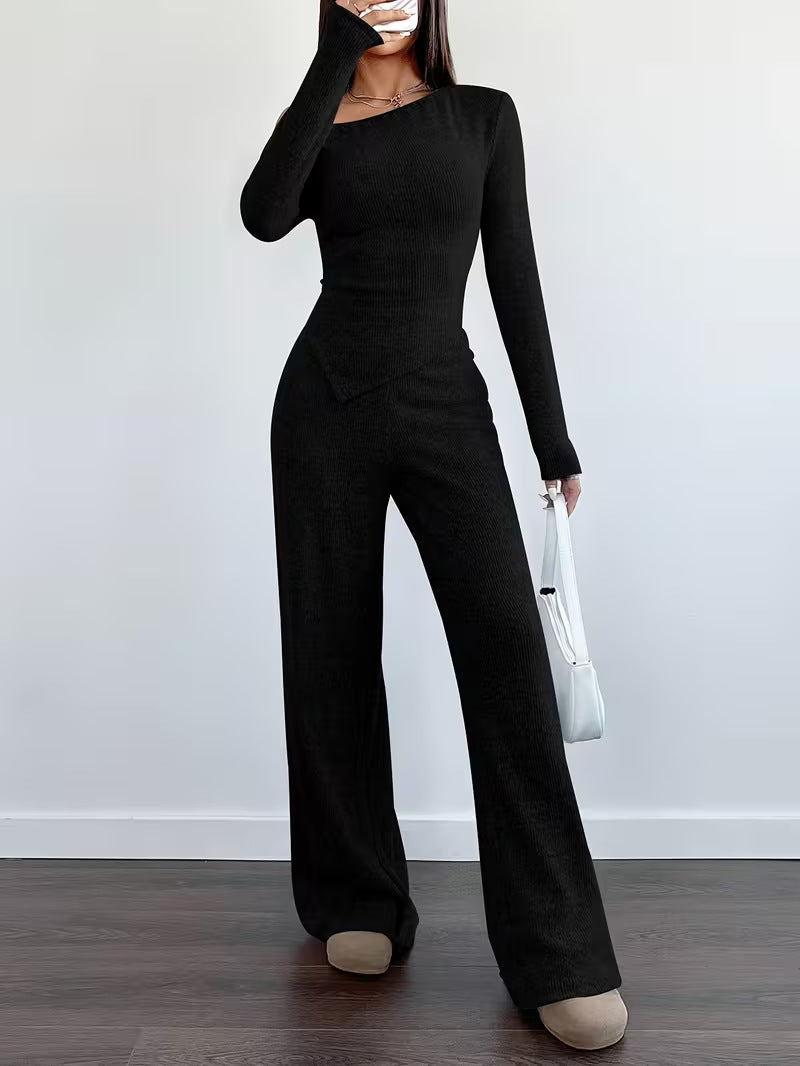 Dropped-shoulder Knit Set: Womens Long-sleeve Top & Wide Leg Pants