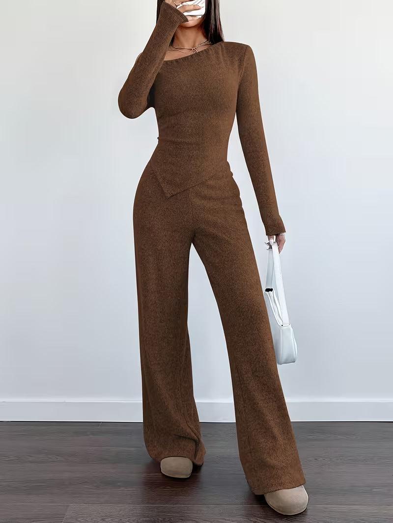 Dropped-shoulder Knit Set: Womens Long-sleeve Top & Wide Leg Pants