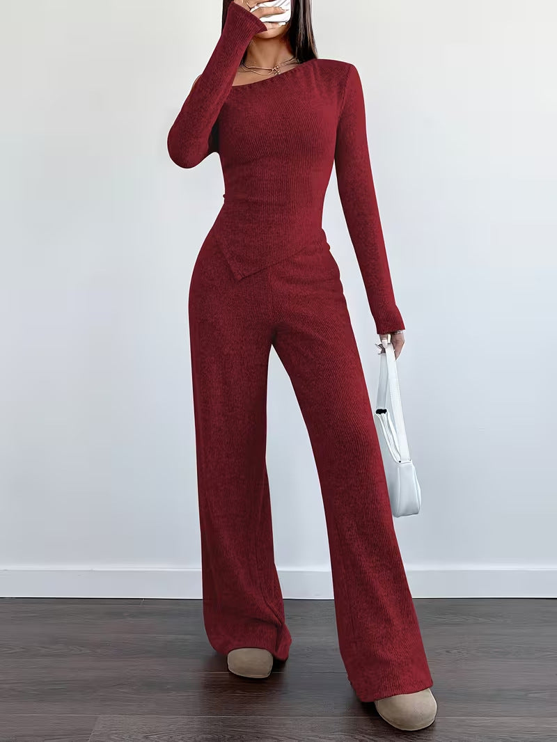 Dropped-shoulder Knit Set: Womens Long-sleeve Top & Wide Leg Pants