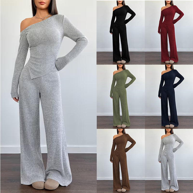 Dropped-shoulder Knit Set: Womens Long-sleeve Top & Wide Leg Pants
