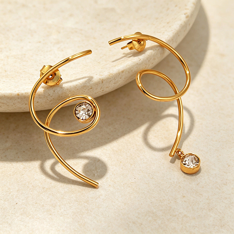 Stainless Steel Asymmetrical Diamond-Studded Earrings
