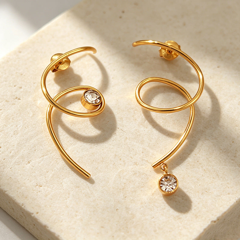 Stainless Steel Asymmetrical Diamond-Studded Earrings