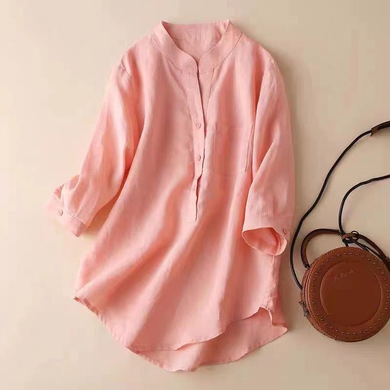 Women's Cotton and Linen Mid-length Shirt - Stylish T-Shirt