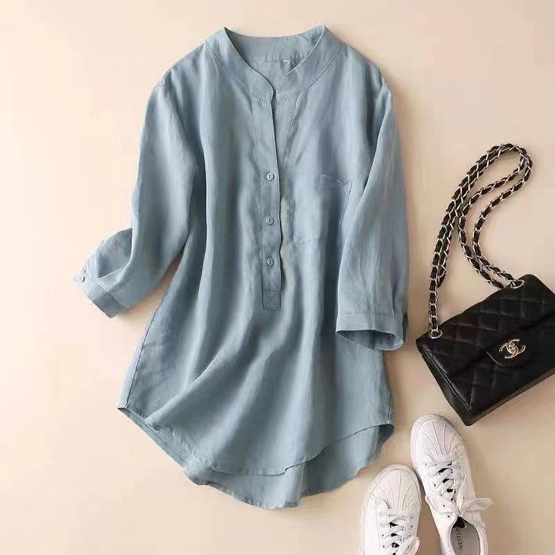 Women's Cotton and Linen Mid-length Shirt - Stylish T-Shirt