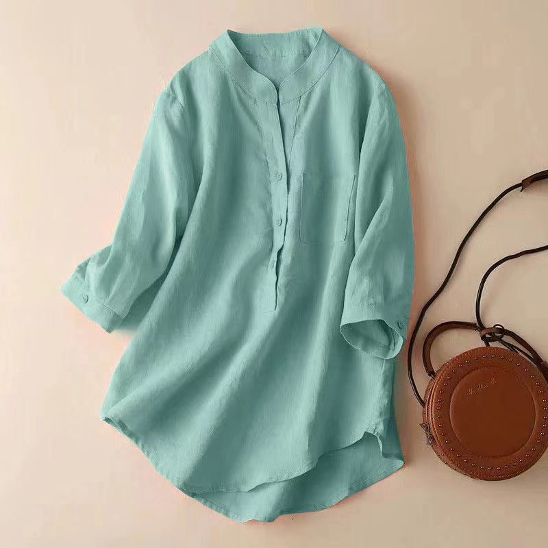 Women's Cotton and Linen Mid-length Shirt - Stylish T-Shirt