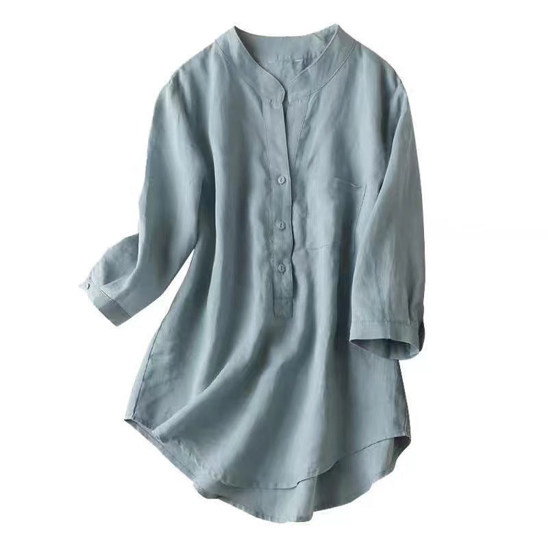 Women's Cotton and Linen Mid-length Shirt - Stylish T-Shirt