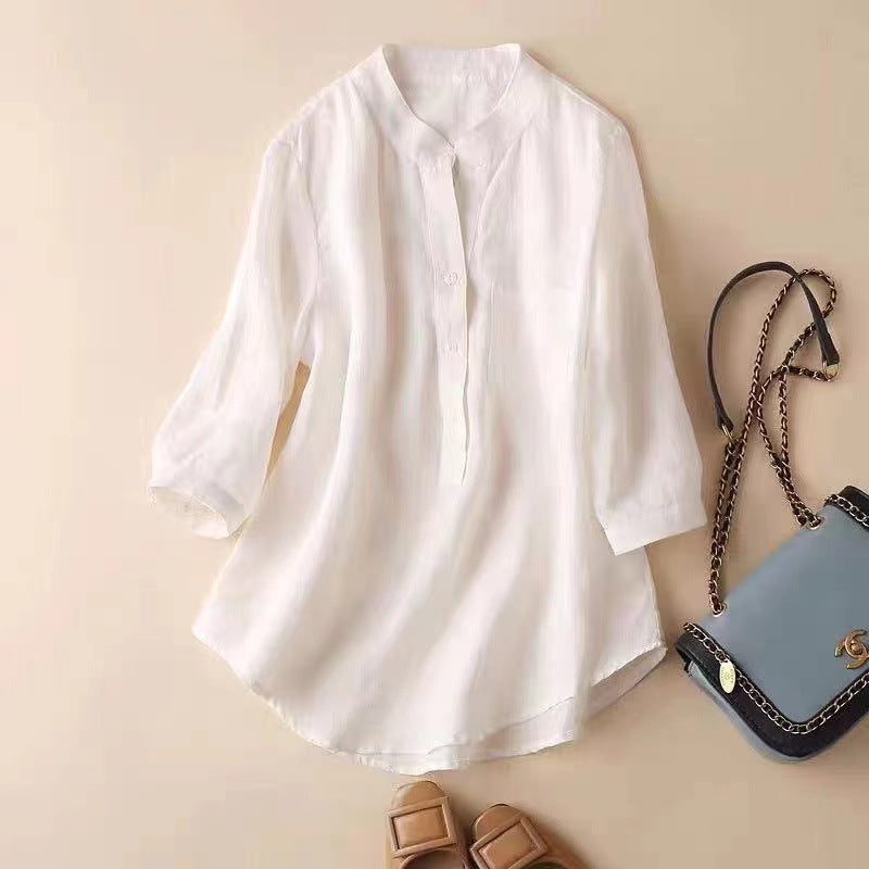 Women's Cotton and Linen Mid-length Shirt - Stylish T-Shirt