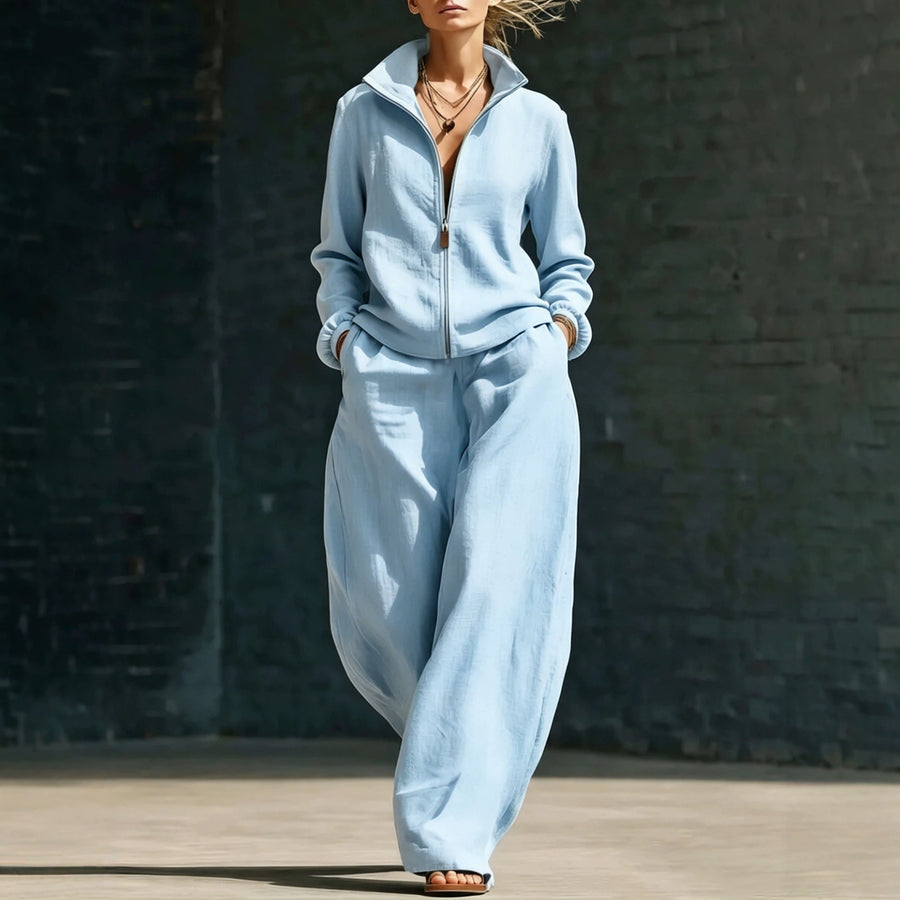 Womens Stand-Neck Cardigan And Zippered Pants Set