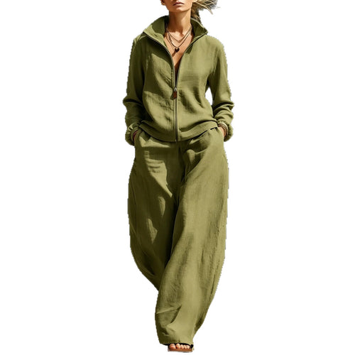 Womens Stand-Neck Cardigan And Zippered Pants Set