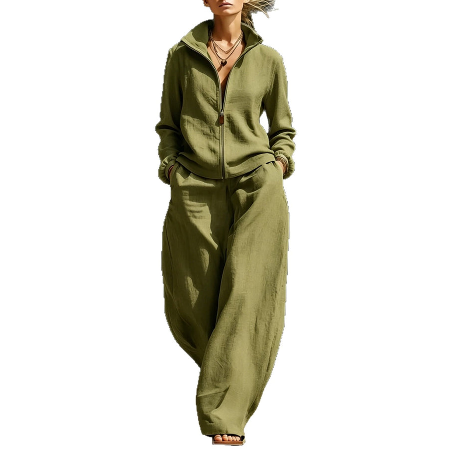 Womens Stand-Neck Cardigan And Zippered Pants Set