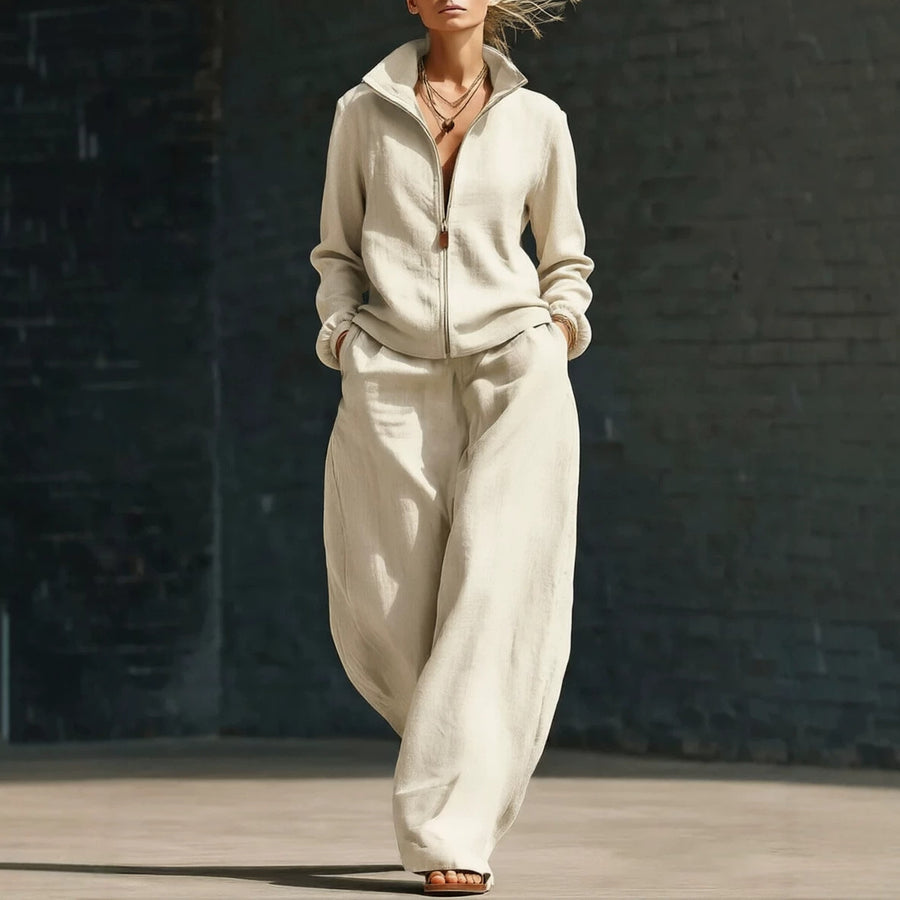 Womens Stand-Neck Cardigan And Zippered Pants Set