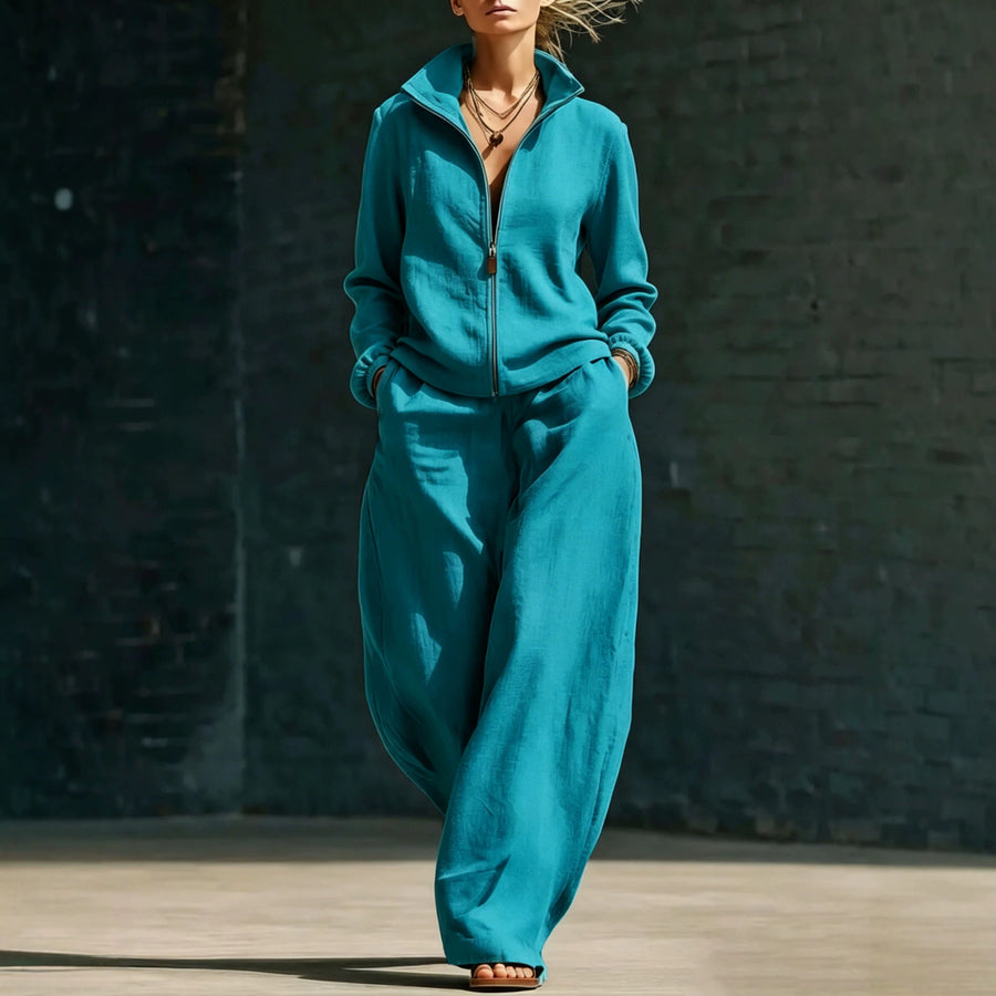 Womens Stand-Neck Cardigan And Zippered Pants Set