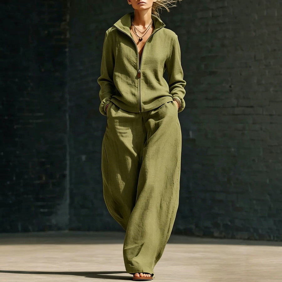 Womens Stand-Neck Cardigan And Zippered Pants Set