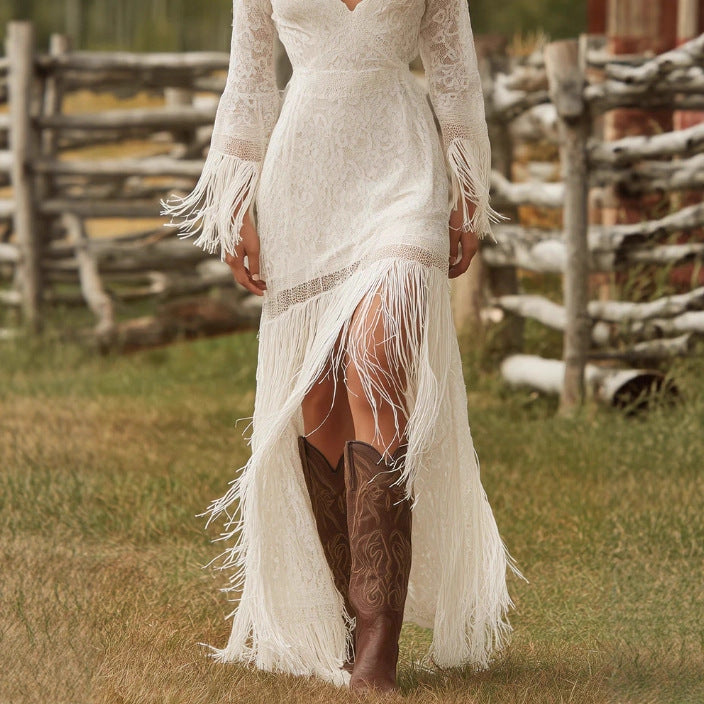Lace V-neck Long-sleeve Tassel Maxi Dress with Longer Hem