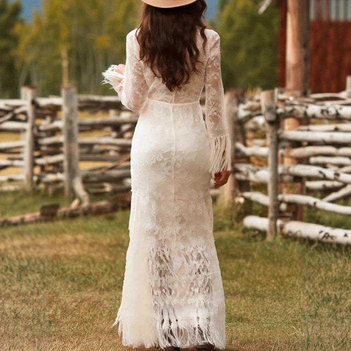 Lace V-neck Long-sleeve Tassel Maxi Dress with Longer Hem