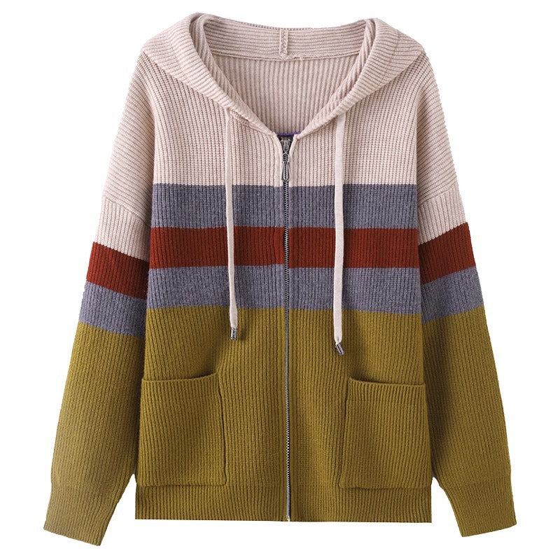 Color-block Striped Hooded Knit Cardigan with Dual Zippers