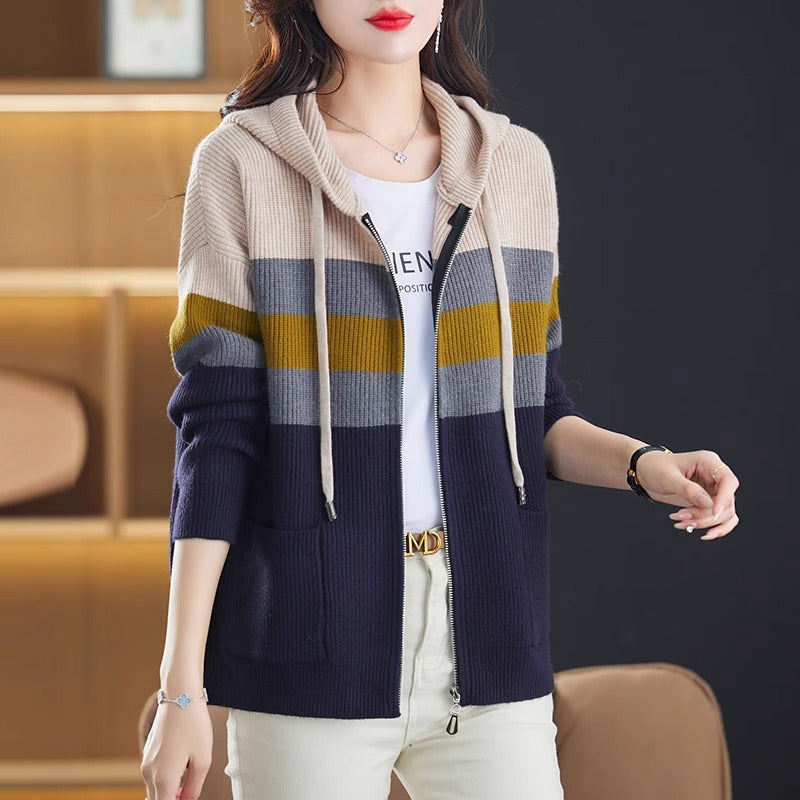 Color-block Striped Hooded Knit Cardigan with Dual Zippers
