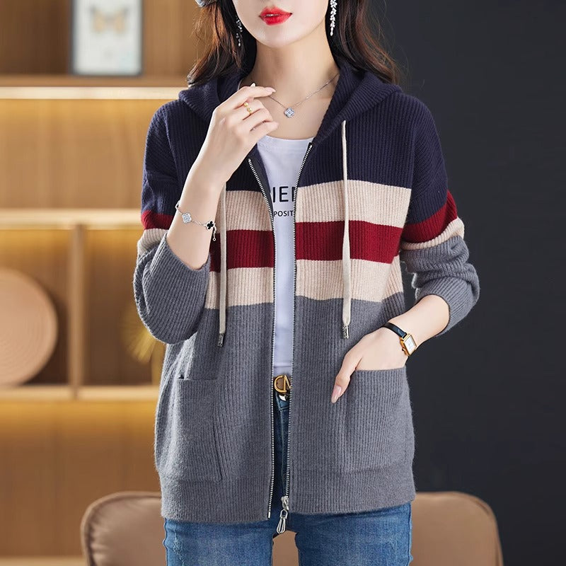 Color-block Striped Hooded Knit Cardigan with Dual Zippers