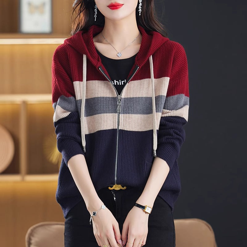 Color-block Striped Hooded Knit Cardigan with Dual Zippers
