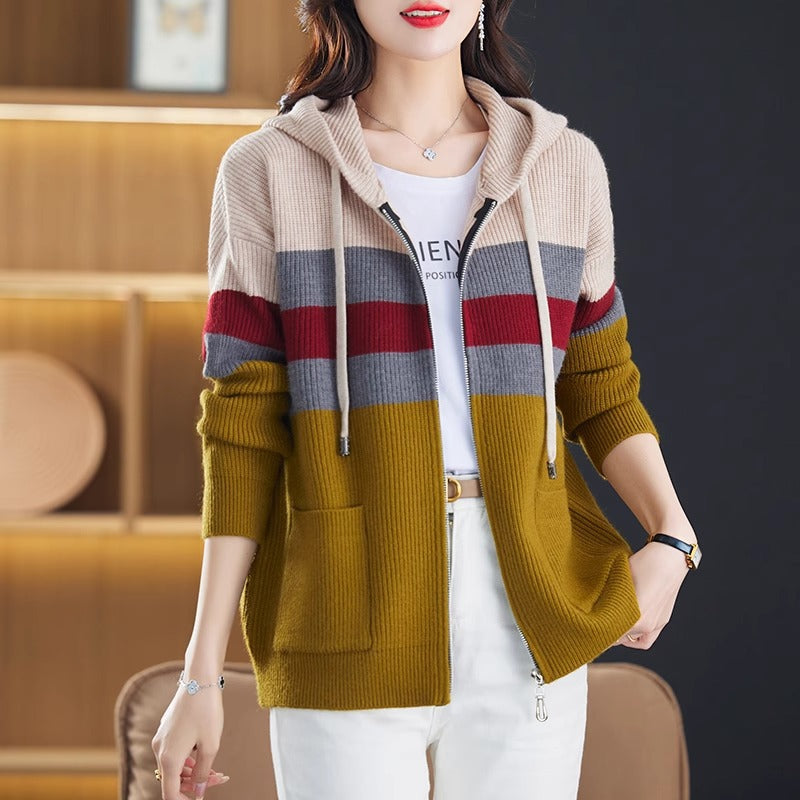 Color-block Striped Hooded Knit Cardigan with Dual Zippers