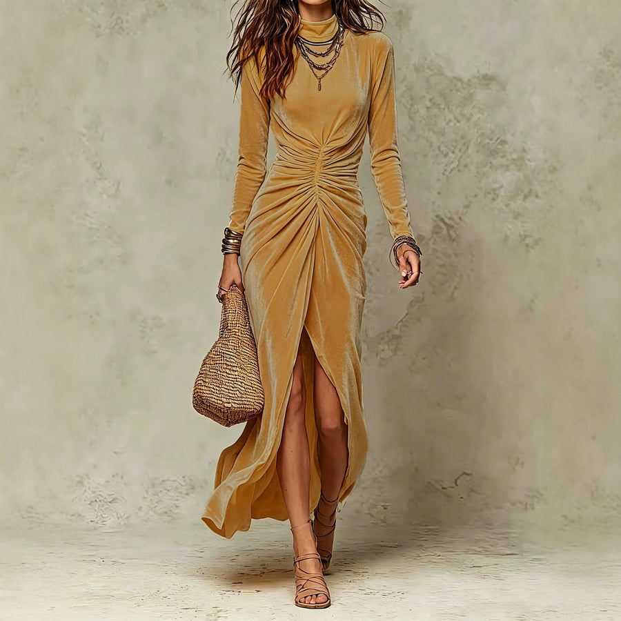 Half-high-neck Long-sleeve Pleated Waist-defined Slit Maxi Dress