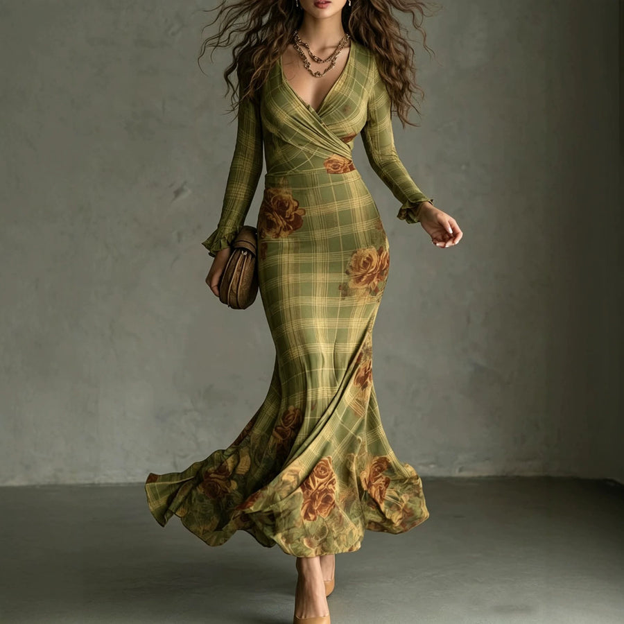 Deep V-neck Cross-Strap Rose-Printed Maxi Dress