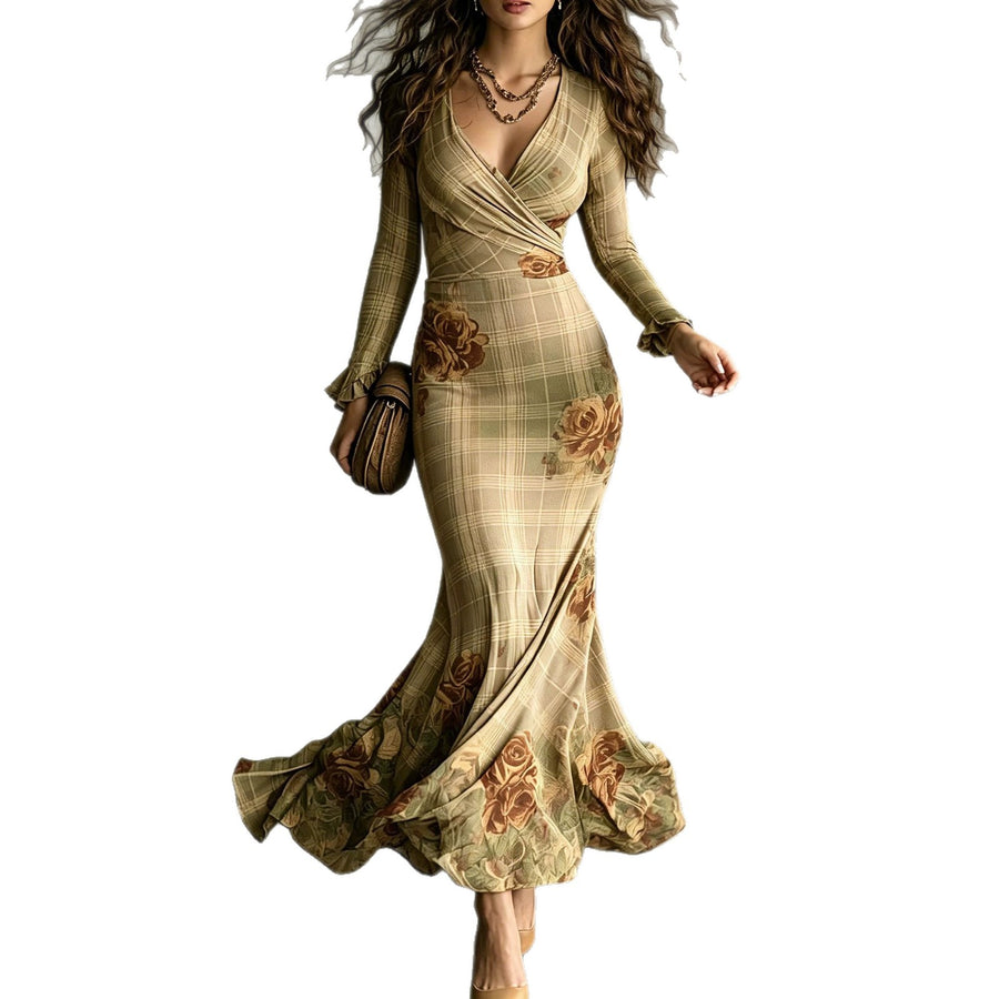 Deep V-neck Cross-Strap Rose-Printed Maxi Dress