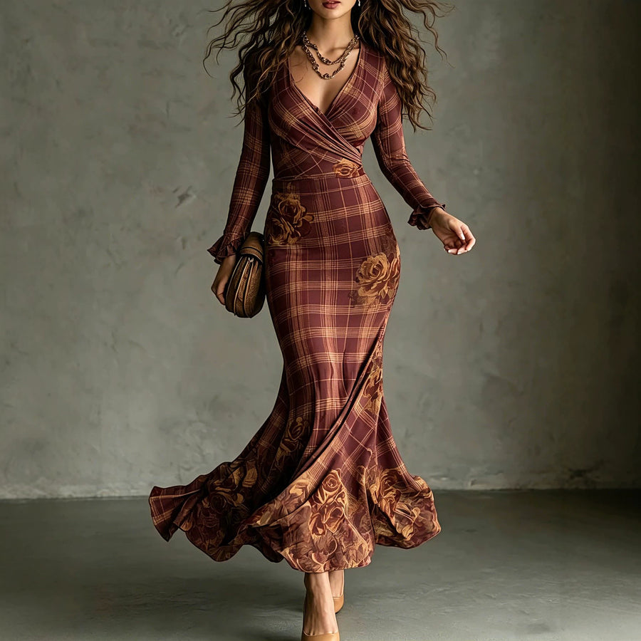 Deep V-neck Cross-Strap Rose-Printed Maxi Dress
