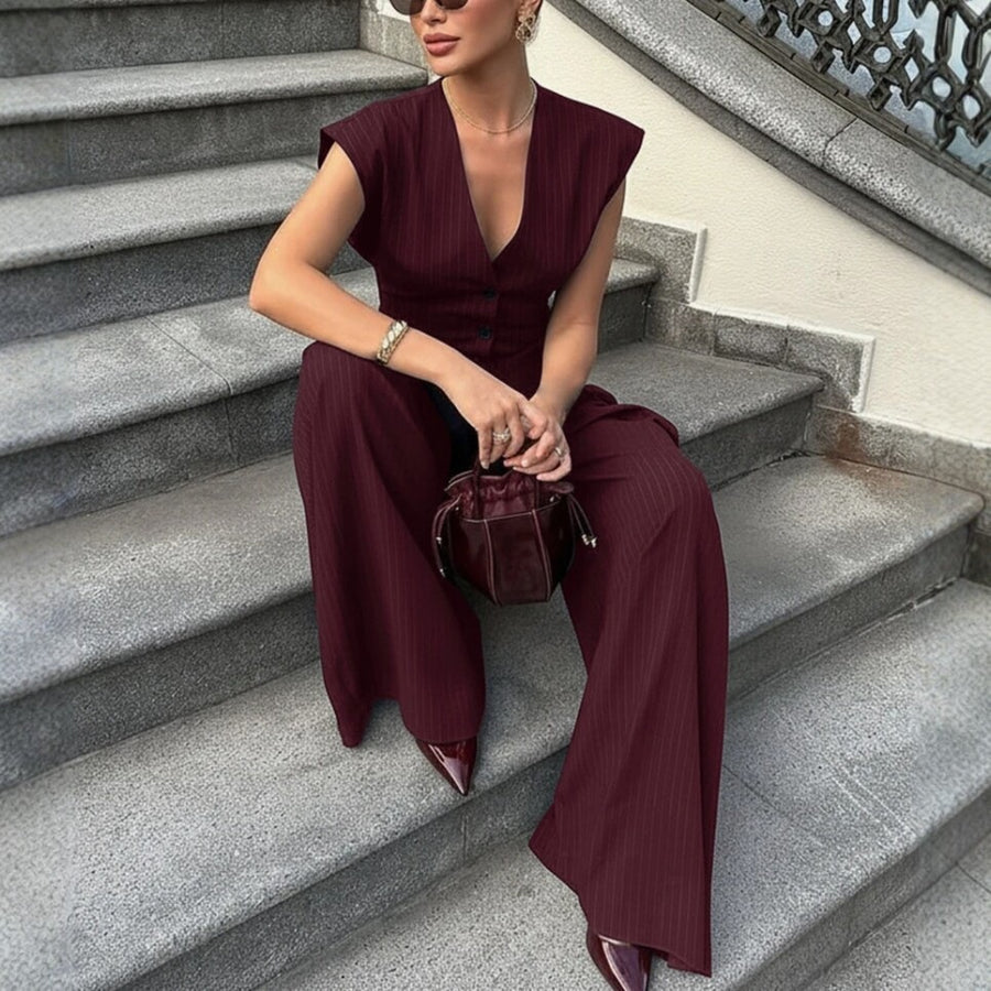 V-neck Sleeveless Wide-leg Pants Set for Effortless Style