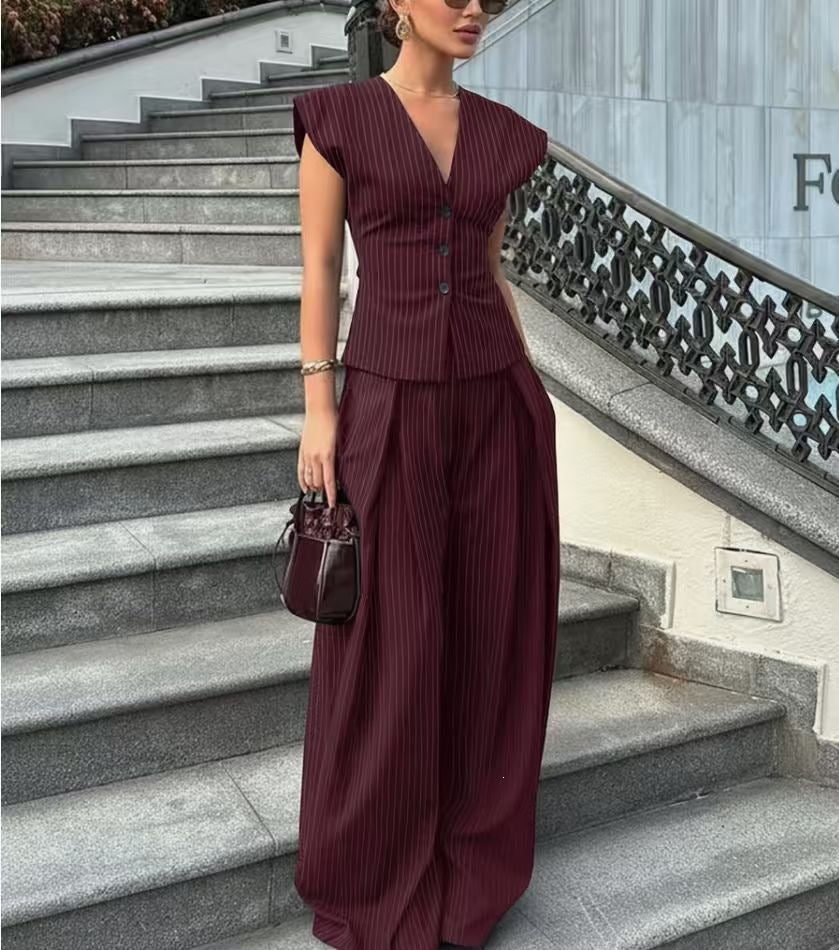 V-neck Sleeveless Wide-leg Pants Set for Effortless Style