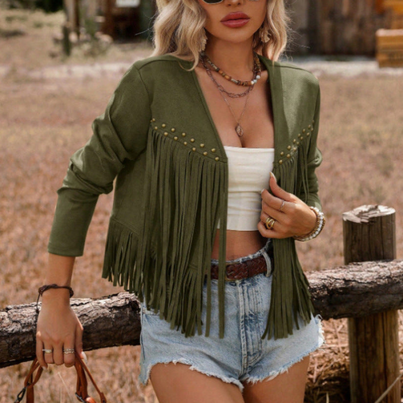Fashionable Retro Ethnic Style Fringed Trench Coat