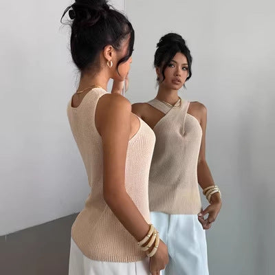 Sleeveless Pullover Cross-neck Vest Knitted Tank Top