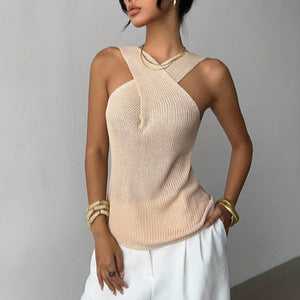 Sleeveless Pullover Cross-neck Vest Knitted Tank Top