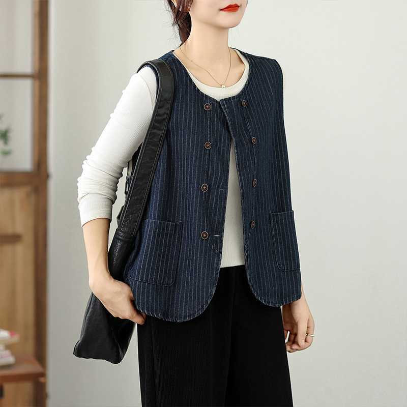 Retro-striped Denim Vest for Women - Chic Versatility