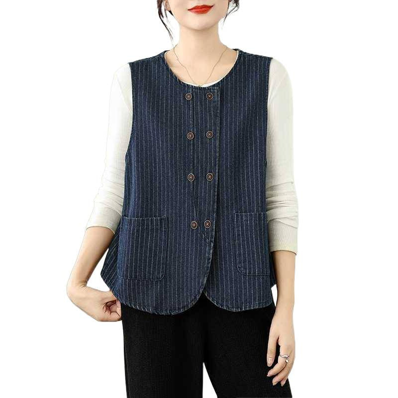 Retro-striped Denim Vest for Women - Chic Versatility