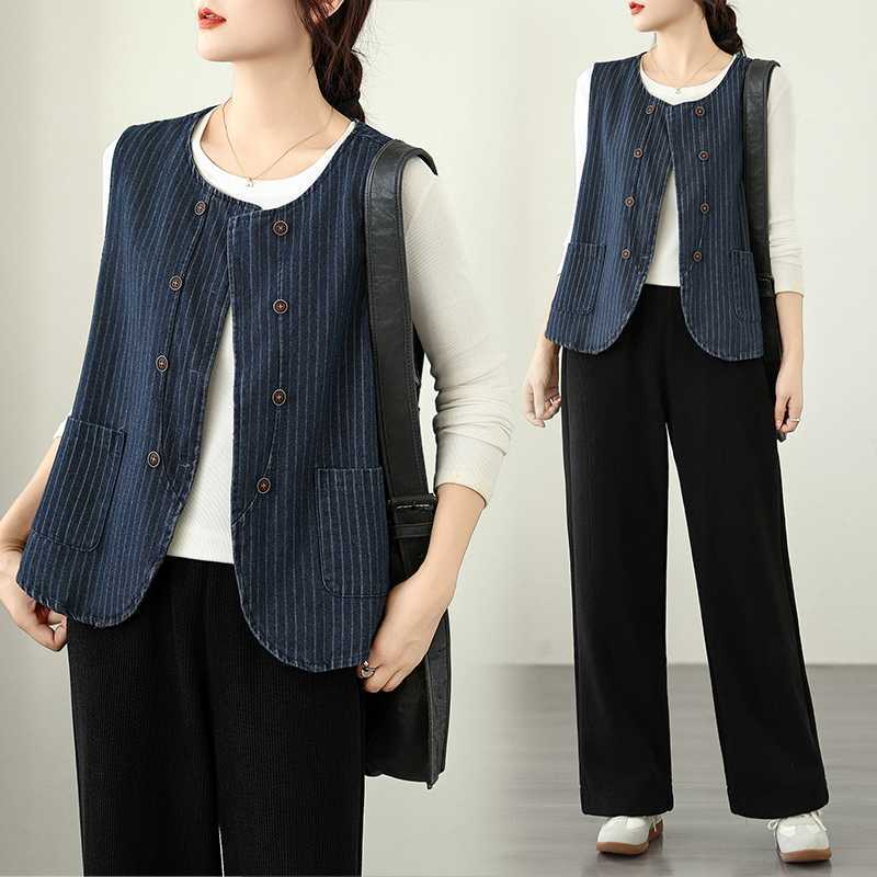 Retro-striped Denim Vest for Women - Chic Versatility
