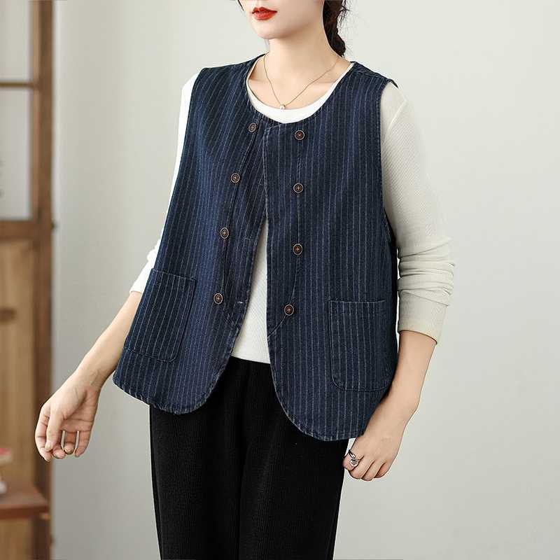 Retro-striped Denim Vest for Women - Chic Versatility