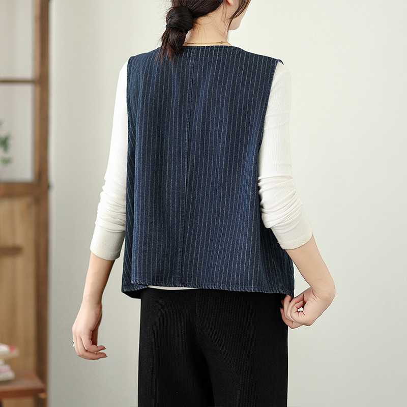 Retro-striped Denim Vest for Women - Chic Versatility