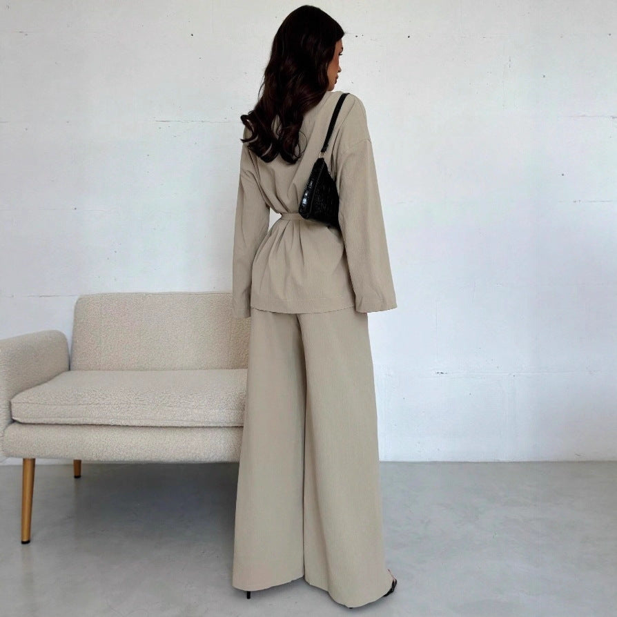 Women's V-Neck Long Sleeve Top and Wide Leg Pants Set