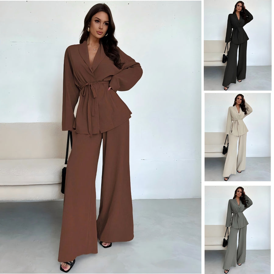 Women's V-Neck Long Sleeve Top and Wide Leg Pants Set