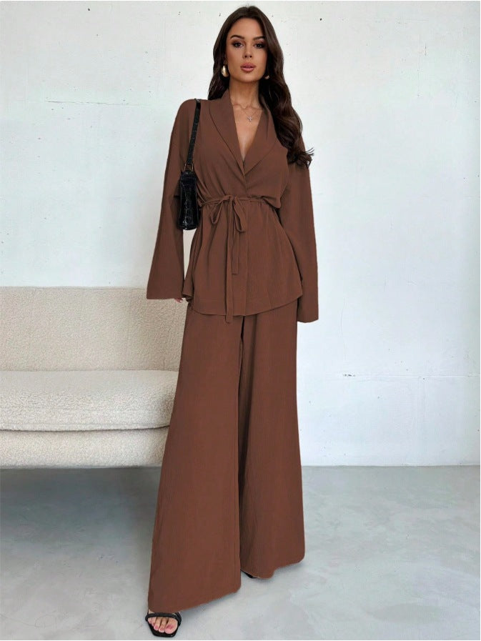 Women's V-Neck Long Sleeve Top and Wide Leg Pants Set