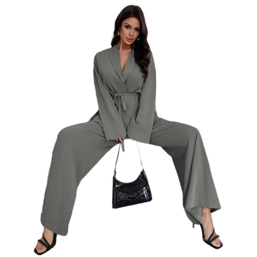 Women's V-Neck Long Sleeve Top and Wide Leg Pants Set