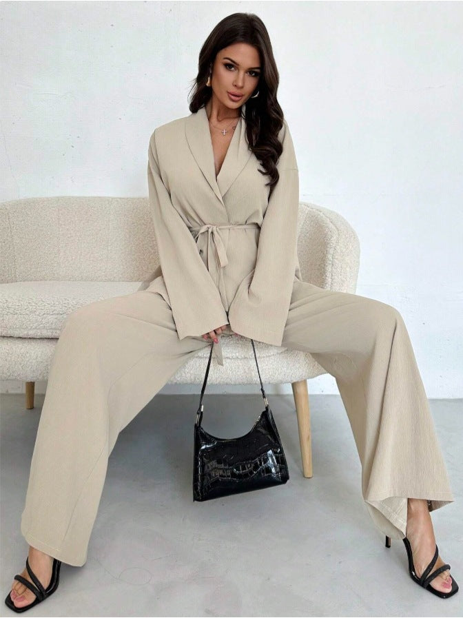 Women's V-Neck Long Sleeve Top and Wide Leg Pants Set