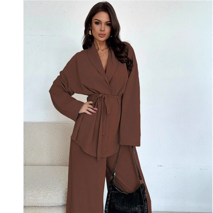 Women's V-Neck Long Sleeve Top and Wide Leg Pants Set