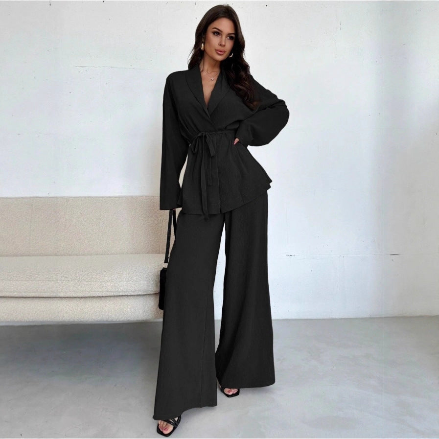 Women's V-Neck Long Sleeve Top and Wide Leg Pants Set