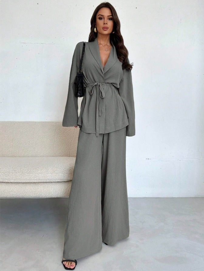 Women's V-Neck Long Sleeve Top and Wide Leg Pants Set