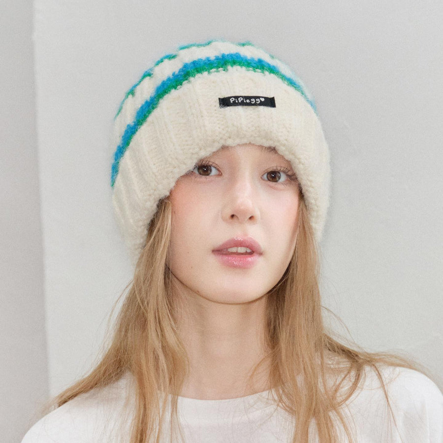 Contrast-color Striped Knit Beanie for Women - Trendy Knit Set