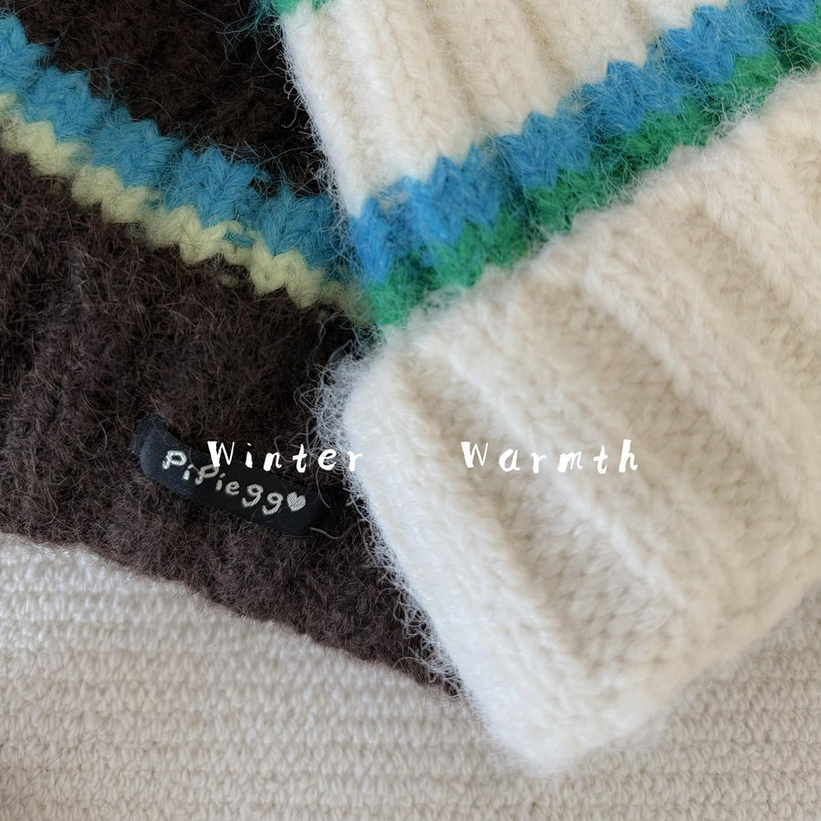 Contrast-color Striped Knit Beanie for Women - Trendy Knit Set