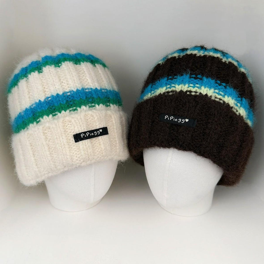 Contrast-color Striped Knit Beanie for Women - Trendy Knit Set