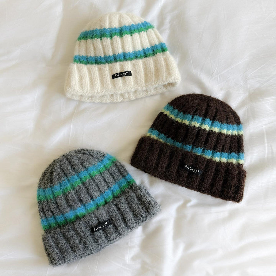 Contrast-color Striped Knit Beanie for Women - Trendy Knit Set